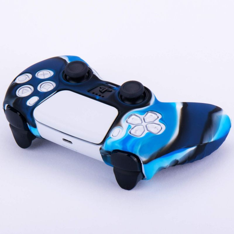 Silicone Cover Skin Case for Sony PS5 Dualsense Controller x 1(Camouflage Blue) with Thumb Grips x 10