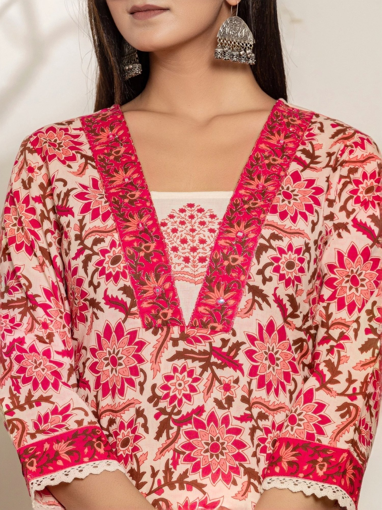 Yufta Pink & Cream Cotton Printed Kurta Pant Set With Dupatta