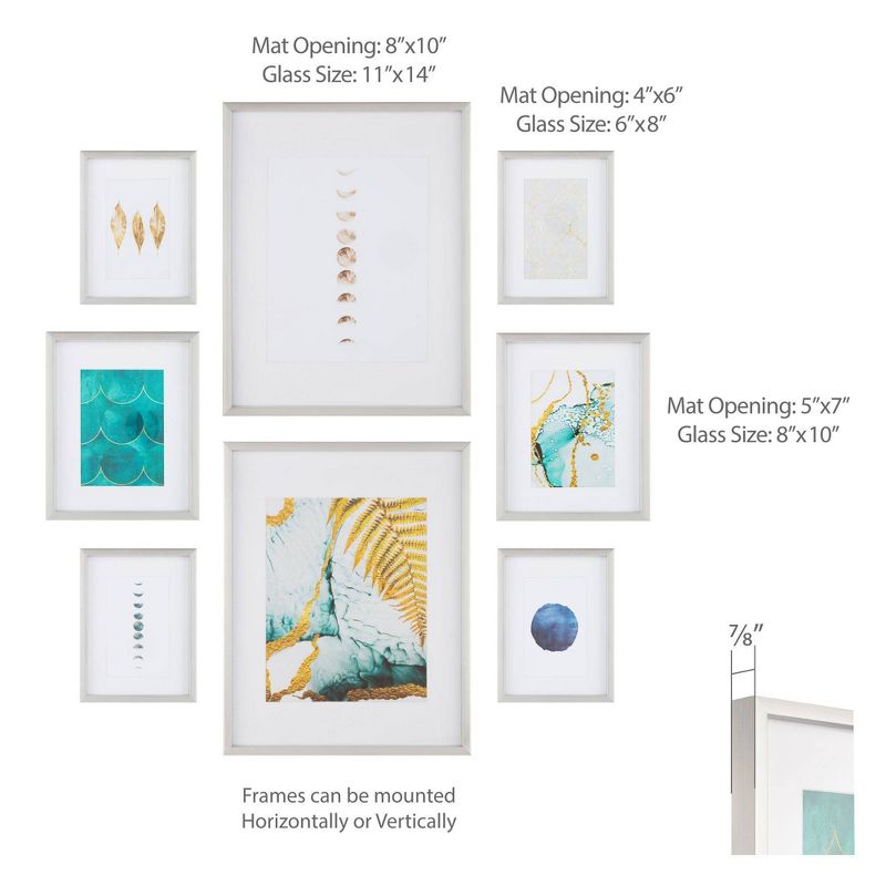8pc Gallery Wall Frame Set with Decorative Art Prints and Hanging Template Silver - Gallery Solutions