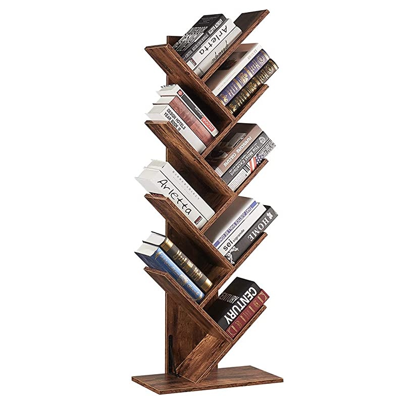 9-Shelf Tree Bookshelf, Floor Standing Tree Bookcase in Living Room/ Home/ Office, Bookshelves Storage Rack for CDs/ Movies/ Books - Rustic Brown