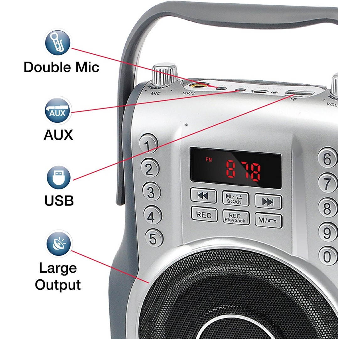 KORAMZI KS-200SI Karaoke Portable Rechargeable Boombox with Bluetooth, FM Radio, AUX In (Silver)