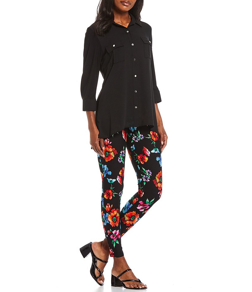 Slim Factor by Investments Watercolor Floral Print Ponte Classic Waist Ankle with Tie Knot Hem Leggings