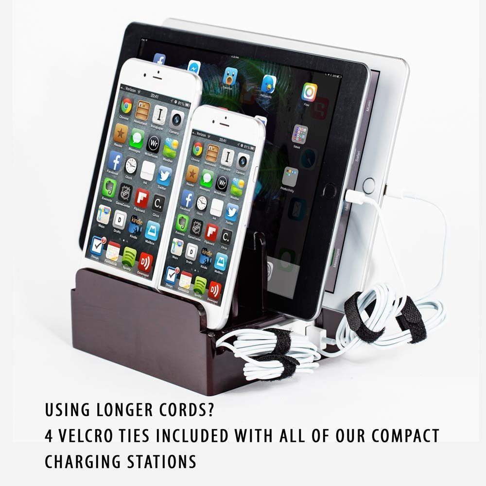 Compact Universal Desktop Cell Phone & Tablet/eReader/Kindle Charging Station, with Set of Cable Ties. Multiple Finishes Available - Black Leatherette