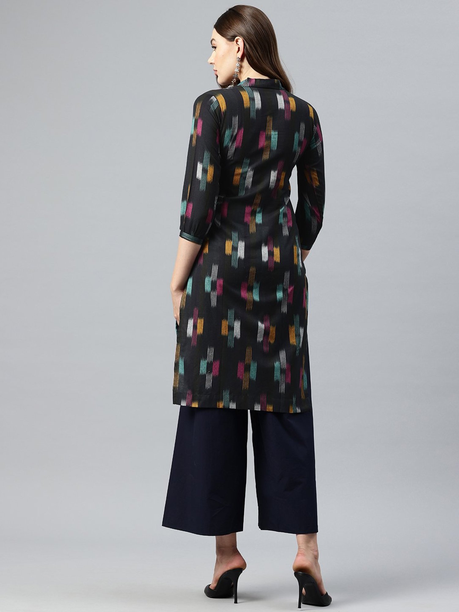 One Femme Black Cotton Ikat Print Straight Kurta