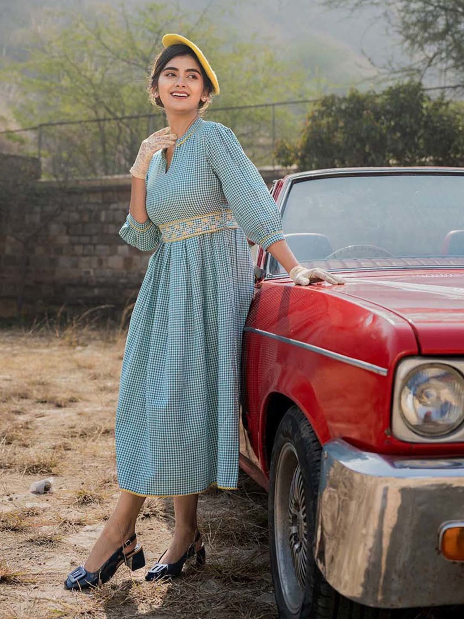 Yufta Teal Green Check Ethnic Dresses