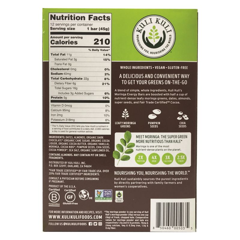 Kuli Kuli Moringa Energy Vegan Bar - Dark Chocolate - 12pk