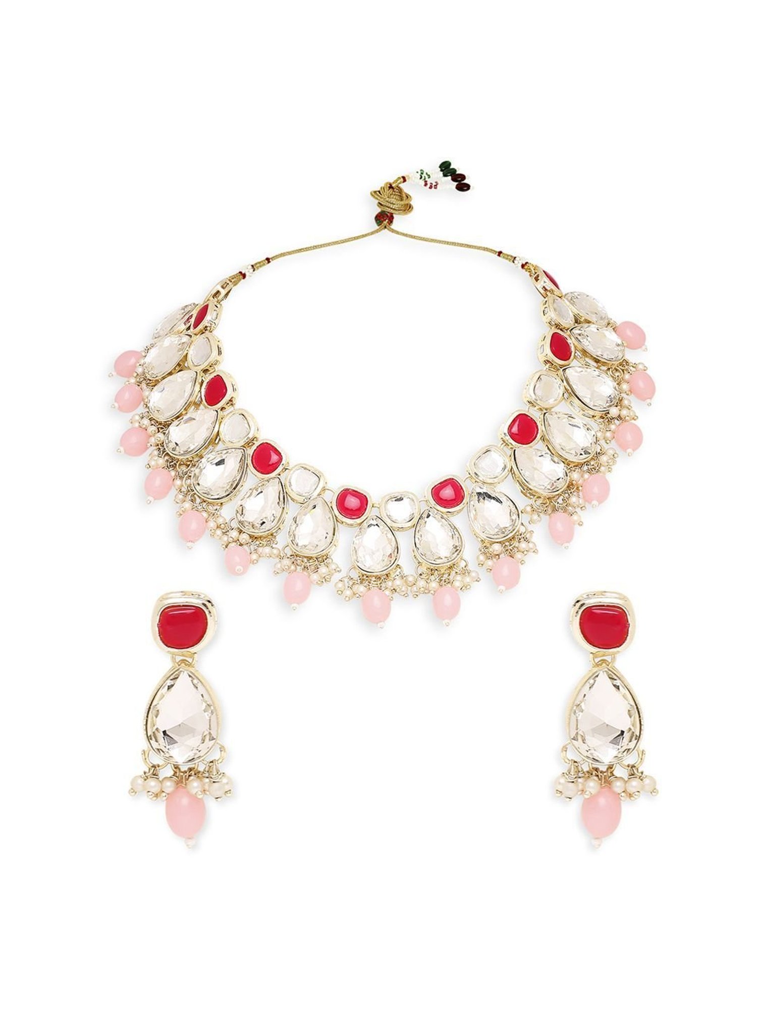 OOMPH Pink & Red Beads & Kundan Ethnic Choker Necklace Set for Women