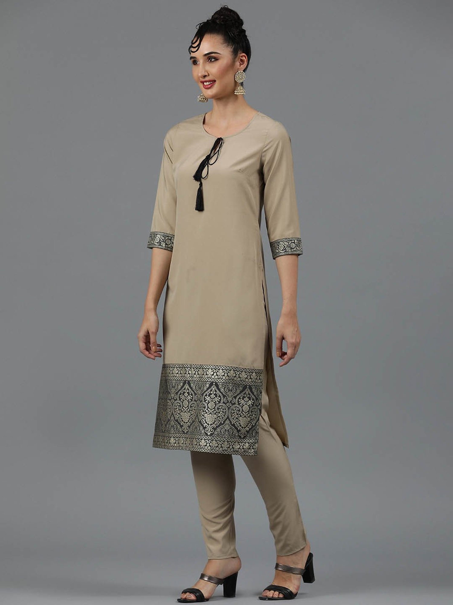 Ziyaa Beige Printed Kurta Pant Set