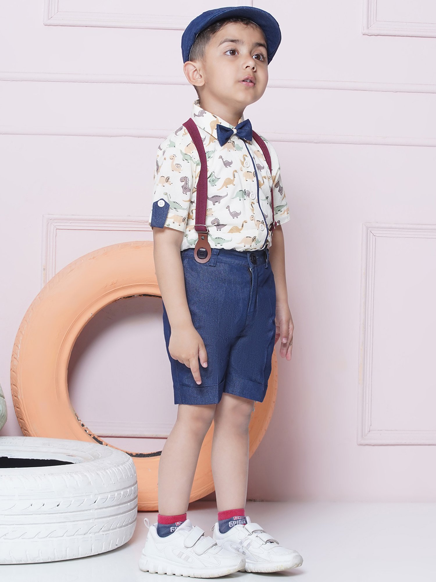 AJ Dezines Kids Green & Navy Printed Shirt, Shorts, Suspender, Bow with Cap