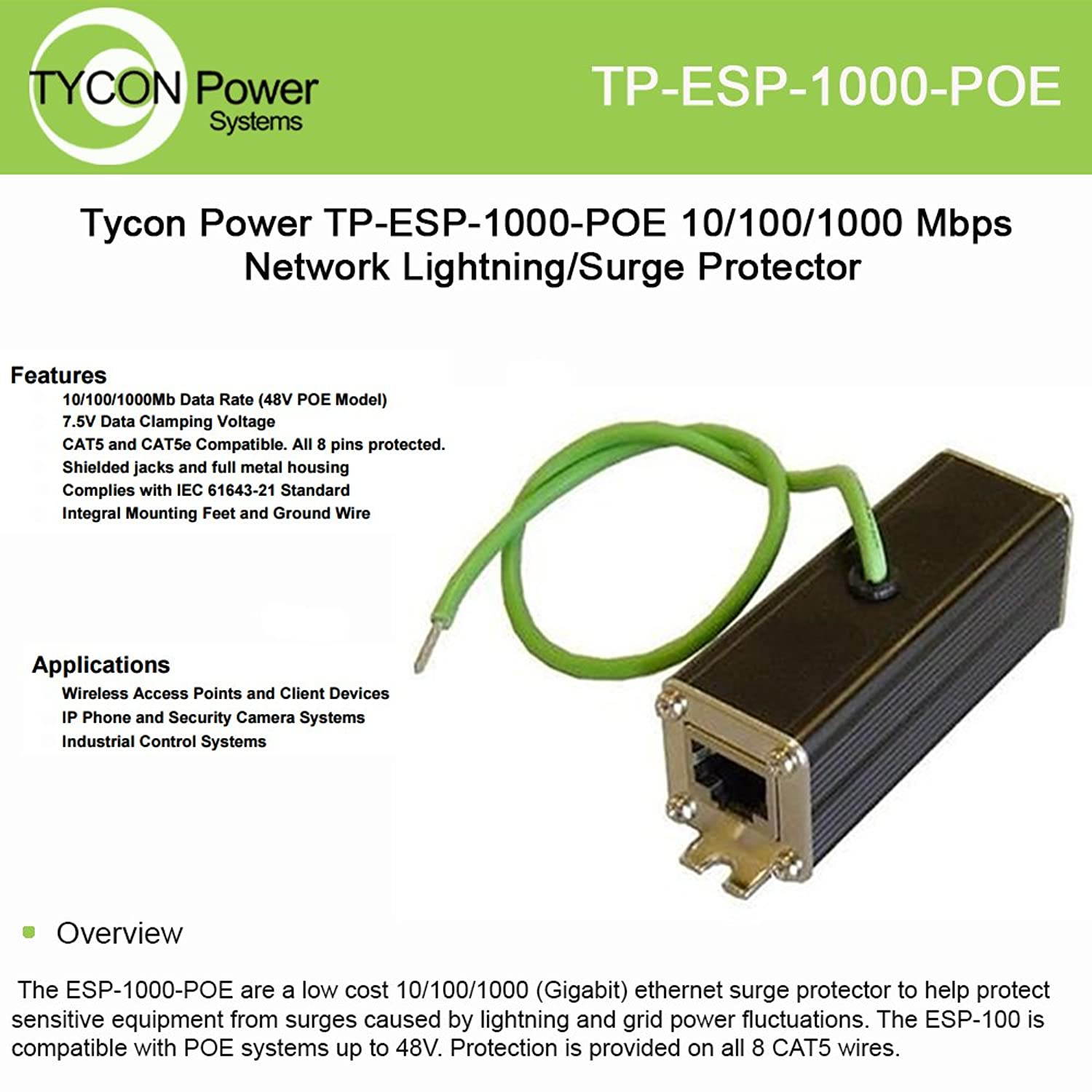 Tycon Systems44; Inc Surge Protector44; 5ka Surge - TP-ESP-1000-POE