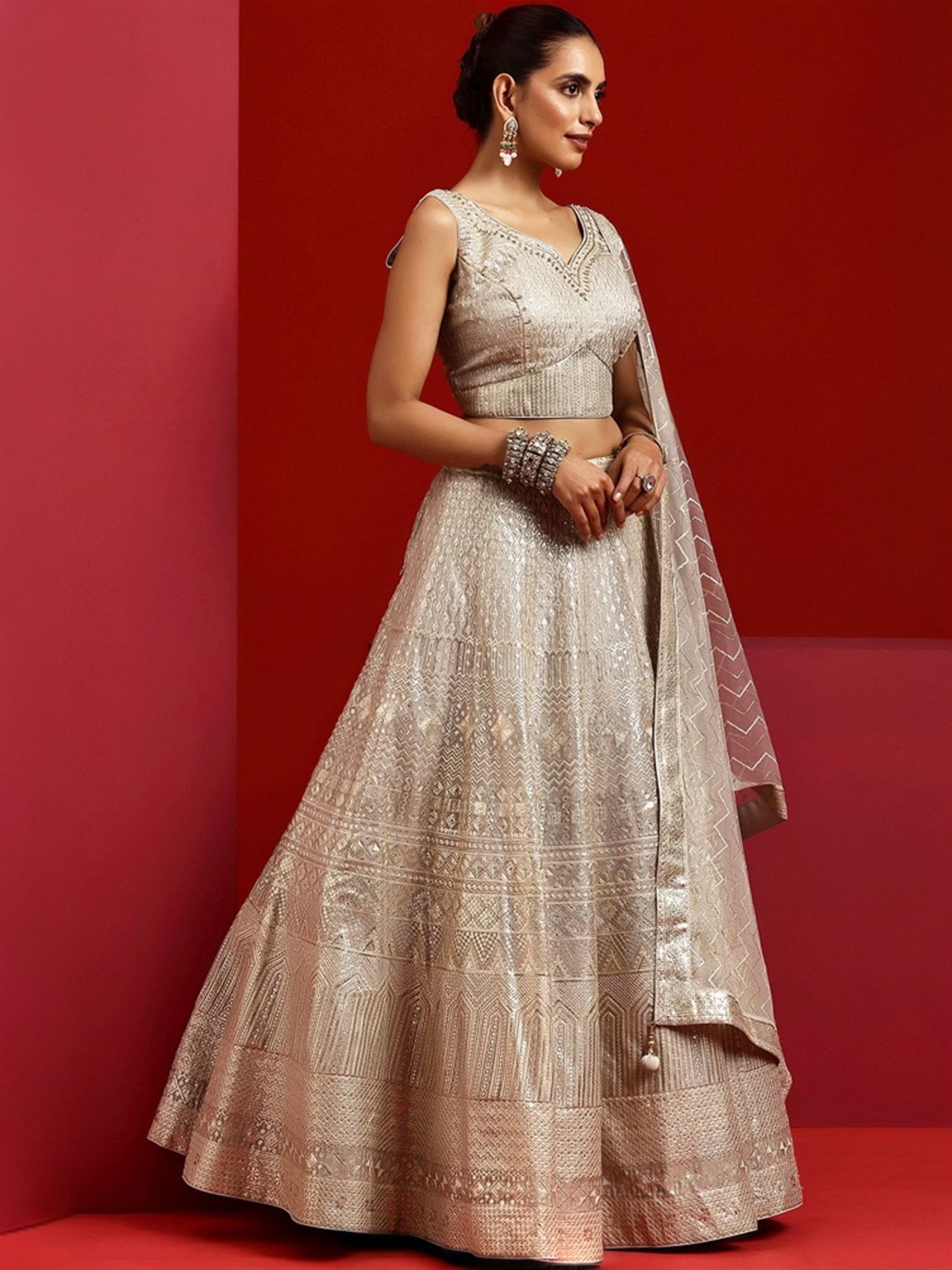 Libas Art Grey Embellished Lehenga Choli Set With Dupatta