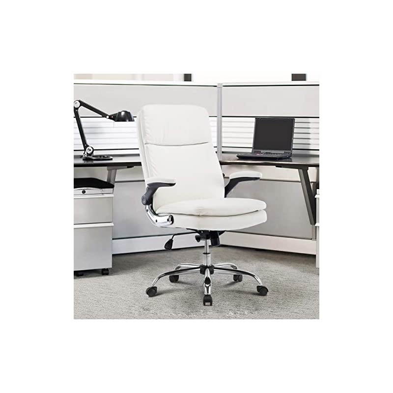 High Back Bonded Leather Executive Office Chair, Adjustable Recline Locking Flip-up Arms Computer Desk Chair, Thick Padding and Ergonomic Design for Lumbar Support (White)