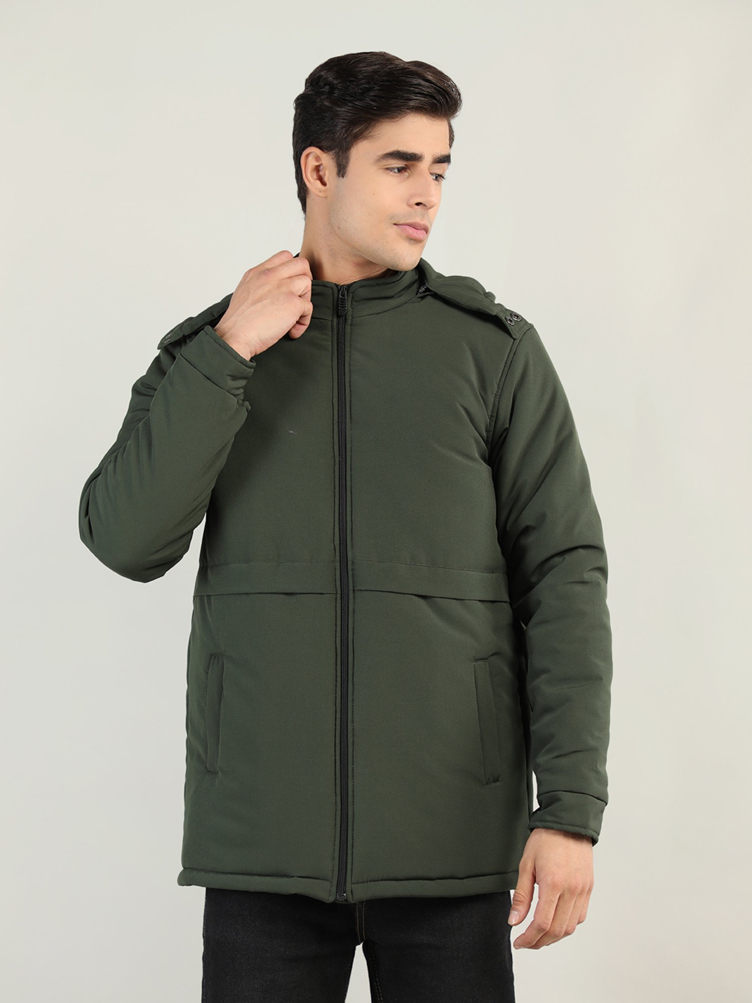 Chkokko Green Regular Fit Hooded Quilted Jacket