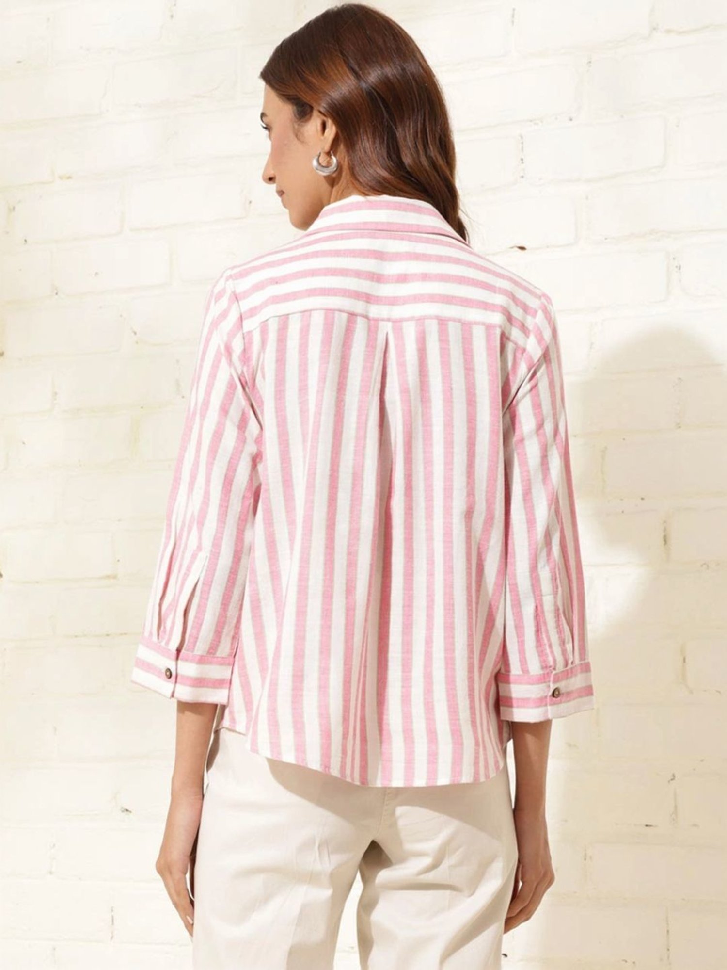 Fabindia White & Pink Cotton Striped Top