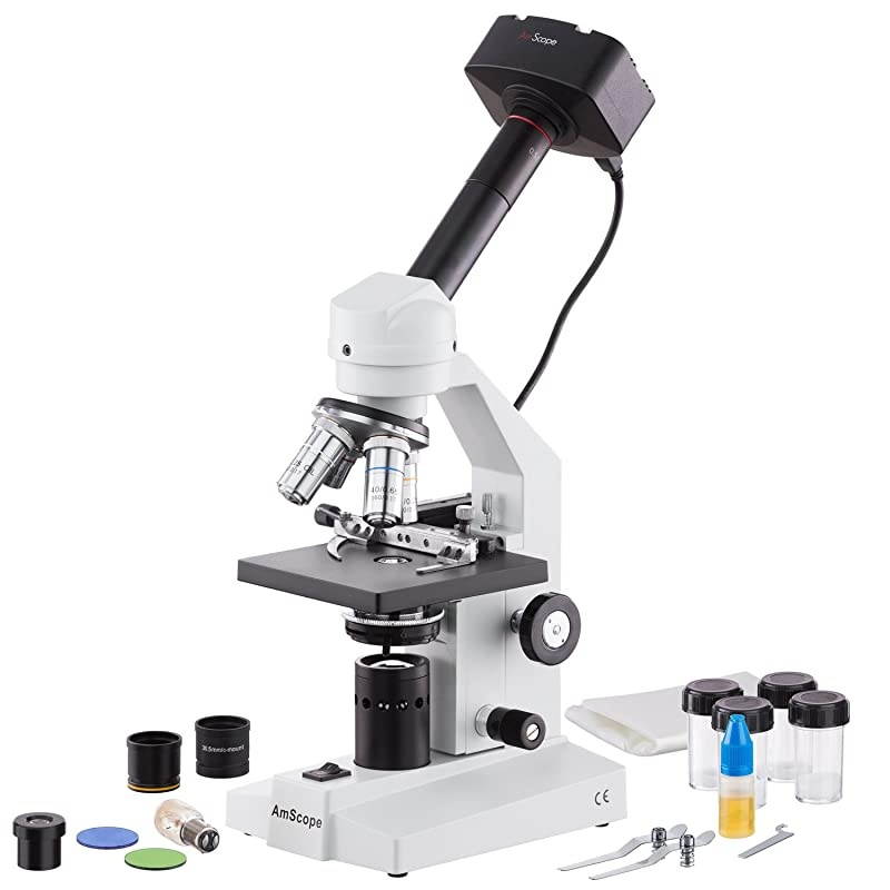 M500B-MS-MT Digital Monocular Compound Microscope, WF10x and WF20x Eyepieces, 40x-2000x Magnification, Anti-Mold Optics, Tungsten Illumination, Brightfield, Abbe Condenser, Coarse and Fine Focus, Pla