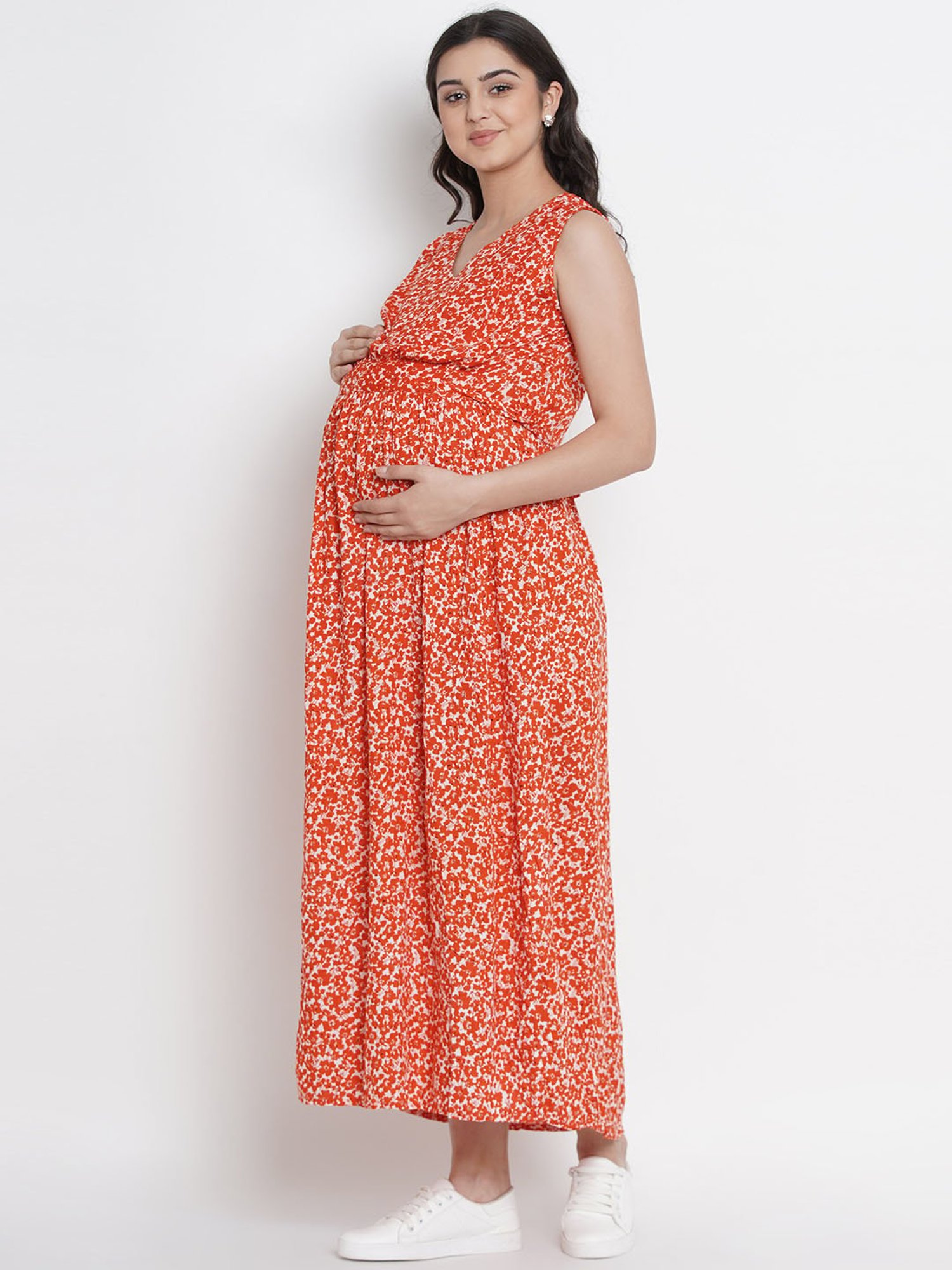 Mine4Nine Orange Floral Print Maternity Dress