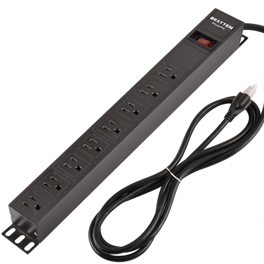 Bestten 8 Outlet Rack-Mount PDU, 1U/ 15A/125V, Aluminum Alloy 900J Surge Protector Power Strip, 9 Feet Cord, ETL Certified, Black