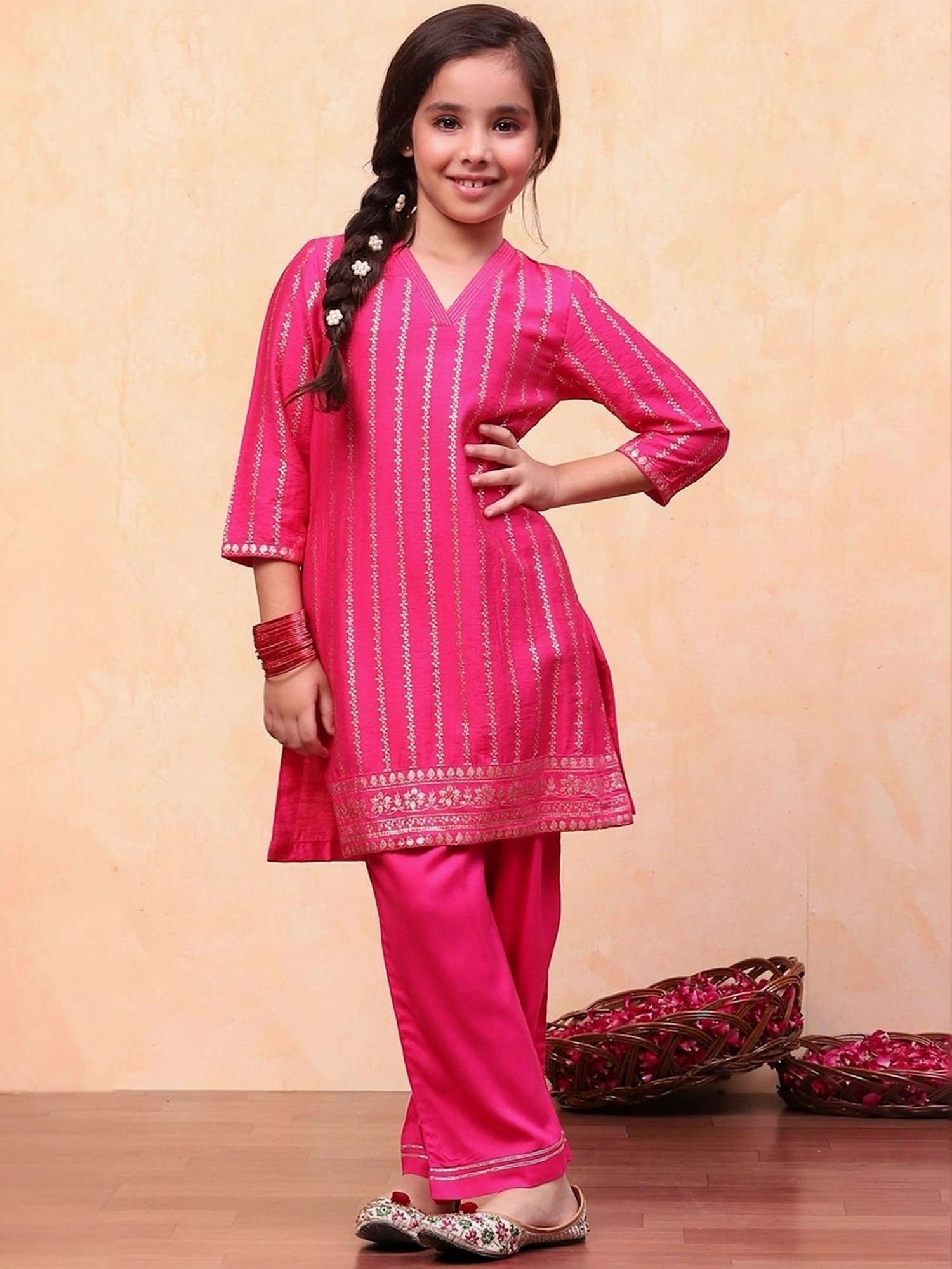 Biba Girls Pink Embellished Kurta set
