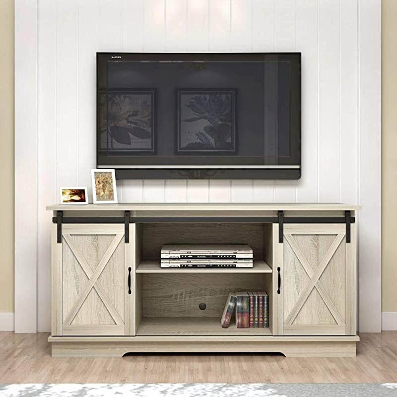 Sliding Barn Door TV Stand for TVs up to 65", Home Living Room Entertainment Center, Wood Storage Cabinet with Doors and Shelve, White Oak