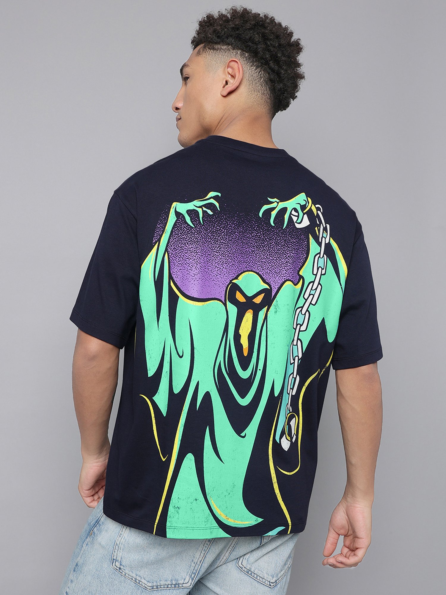 Free Authority Navy Blue Cotton Oversized Printed T-Shirt