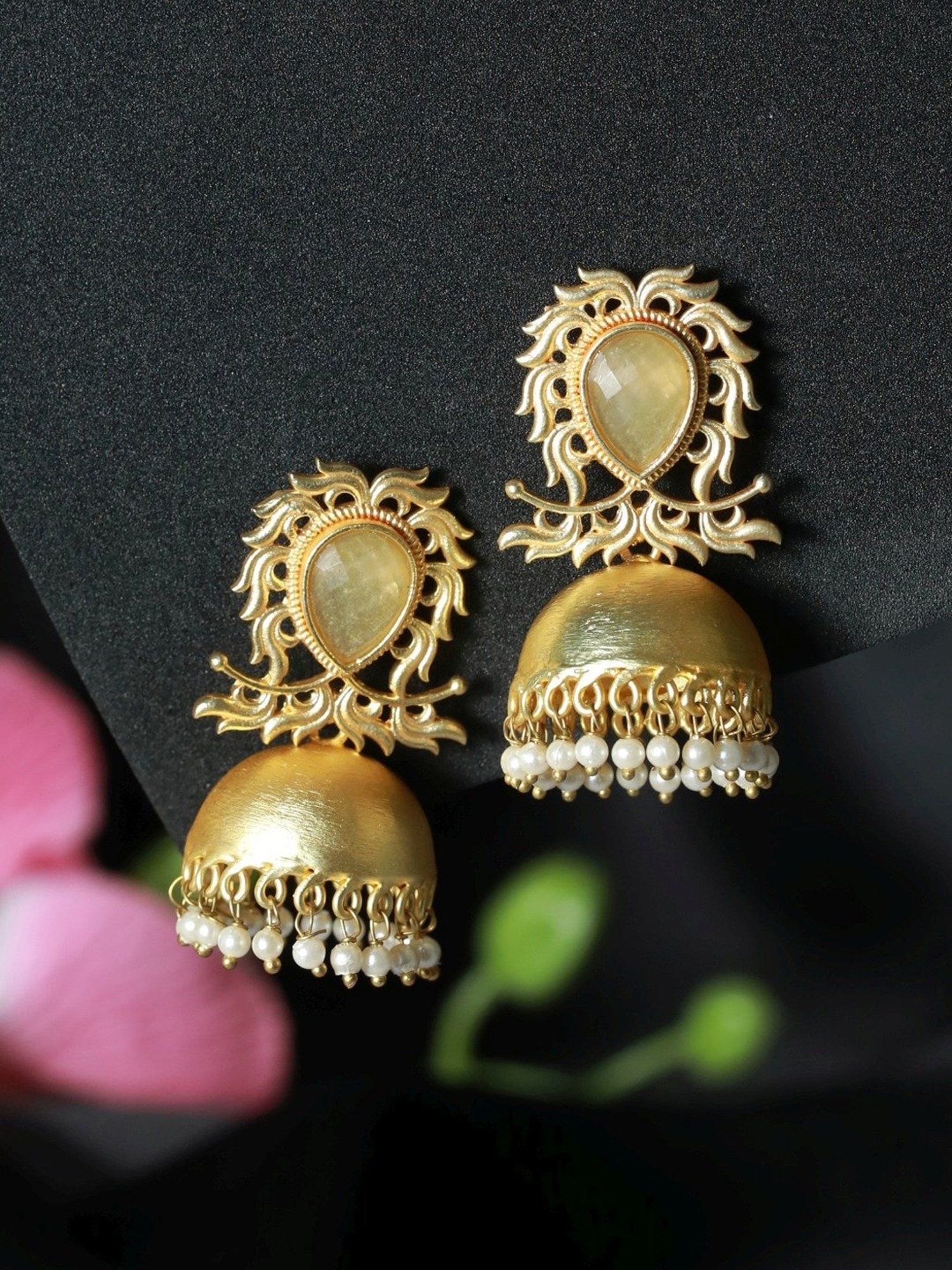 Aatmana Gold-Plated & Yellow stone studded Dome-Shaped White Beaded Jhumki Earrings