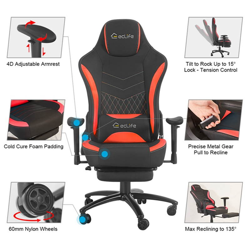 Eclife PC Gaming Chair Racing Office Chair Ergonomic Desk Chair Massage PU Leather Recliner Computer Chair with Lumbar Support Headrest Armrest Footrest Rolling Swivel Task Chair for Adults(Red)