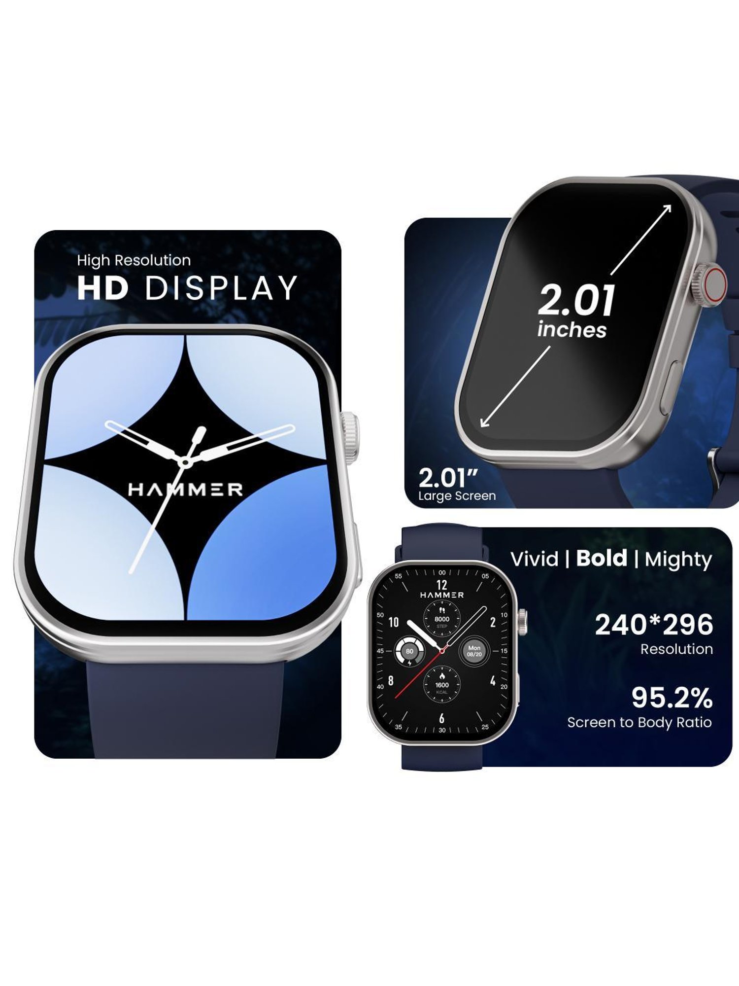 Hammer Tussle BT Calling Smartwatch with 2.01 inch HD Display & Voice Assistant (Admiral Blue)