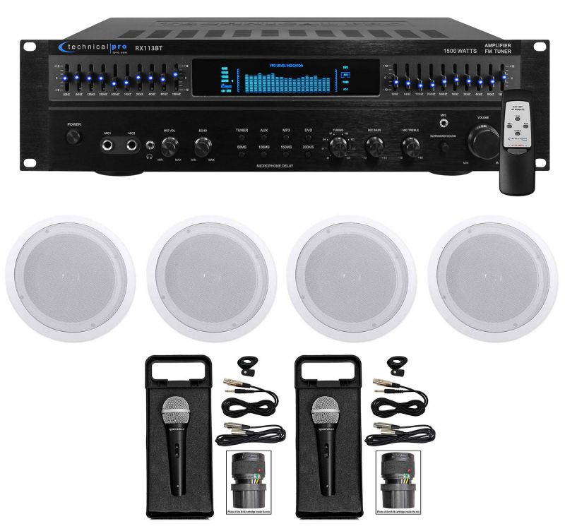 Technical Pro 1500 Watt Home Karaoke Machine System+(4) 8" Ceiling Speakers