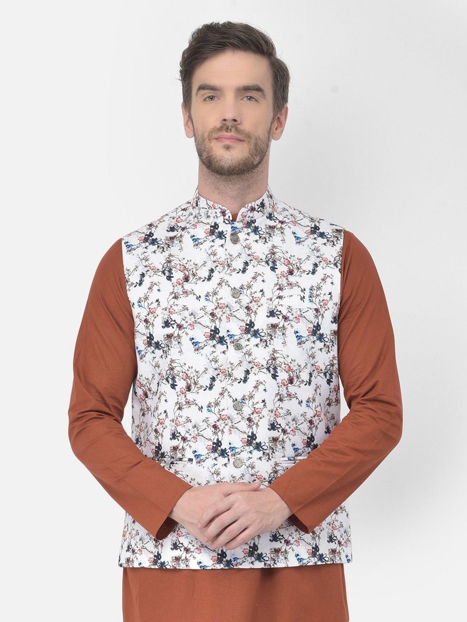 TABARD White Cotton Regular Printed Nehru Jacket