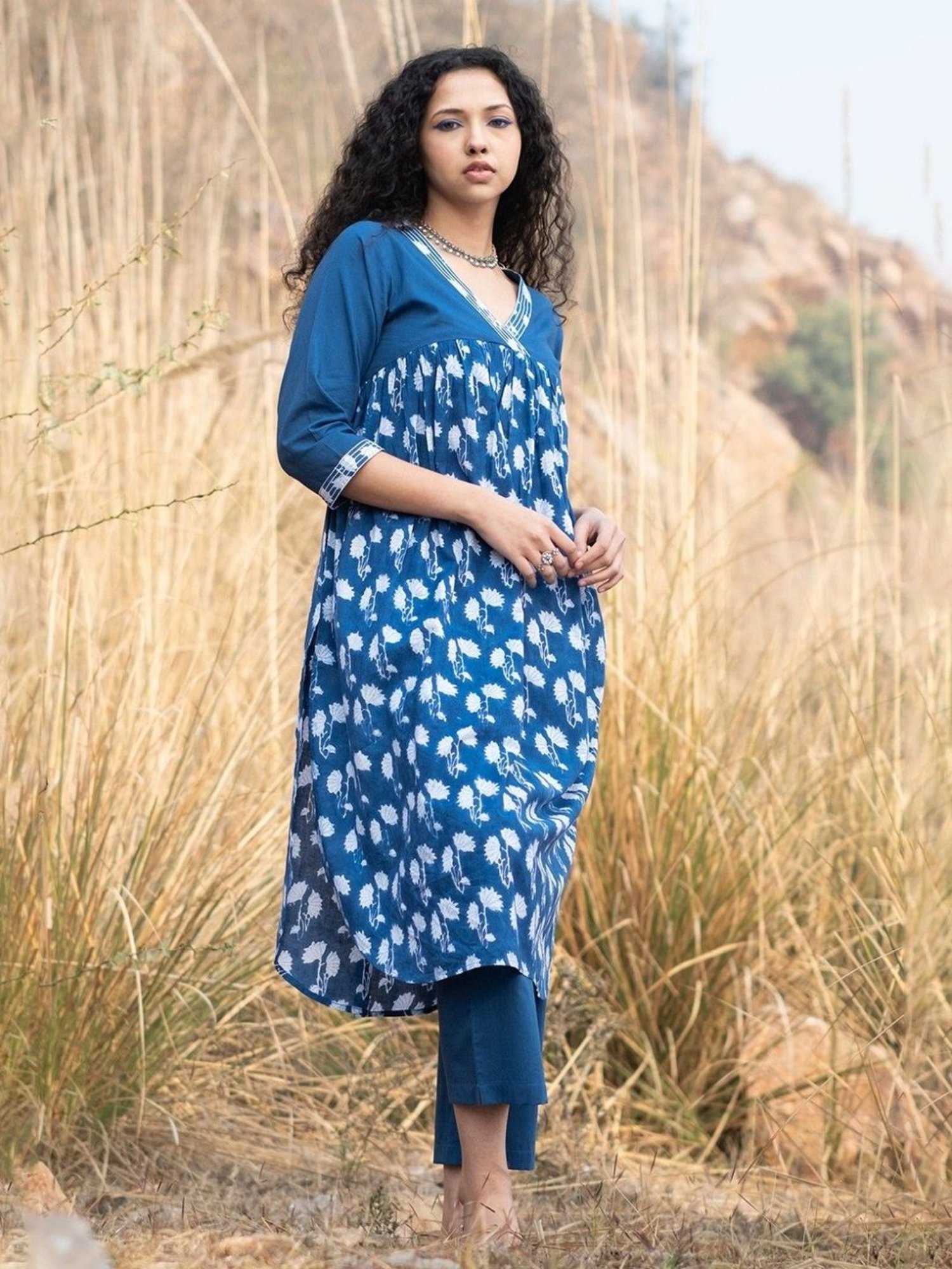 Akiso Neela Indigo Block Printed Gathered Kurta With V Neck Embroidered Neckline