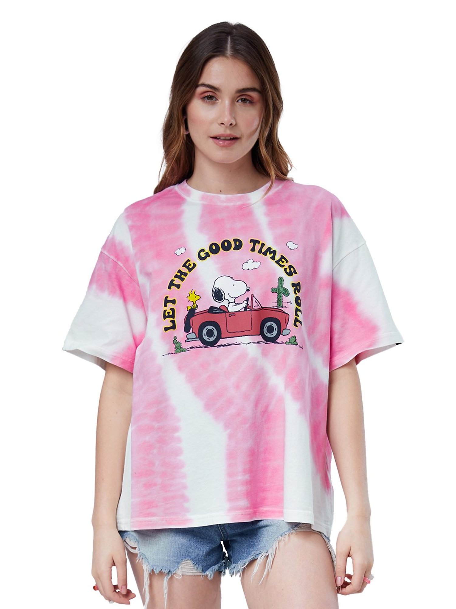 The Souled Store White & Pink Peanuts: Good Times Printed Oversized T-Shirt