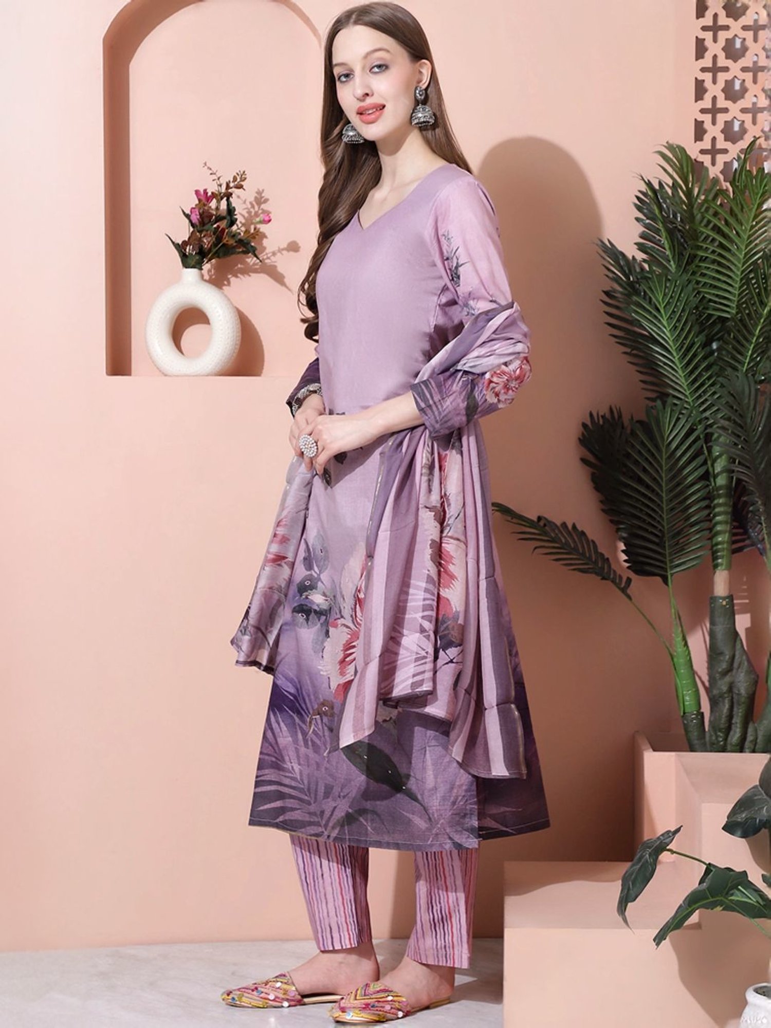 Stylee LIFESTYLE Purple Cotton Floral Print Unstitched Dress Material