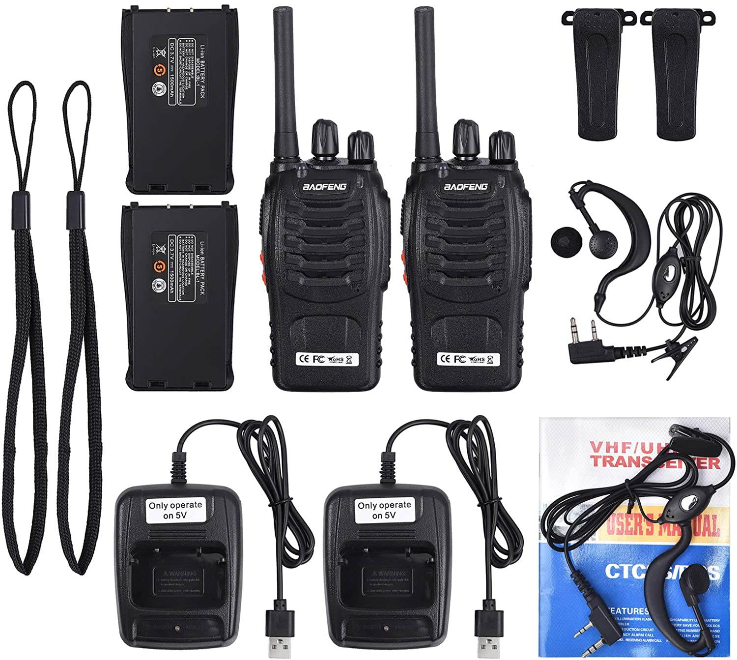 2 PCS Walkie Talkies Long Range 16 Channel 2 Way Radio FRS462MHz Walky Talky Rechargeable with USB Charger Original Earpieces for Field Survival Biking Hiking