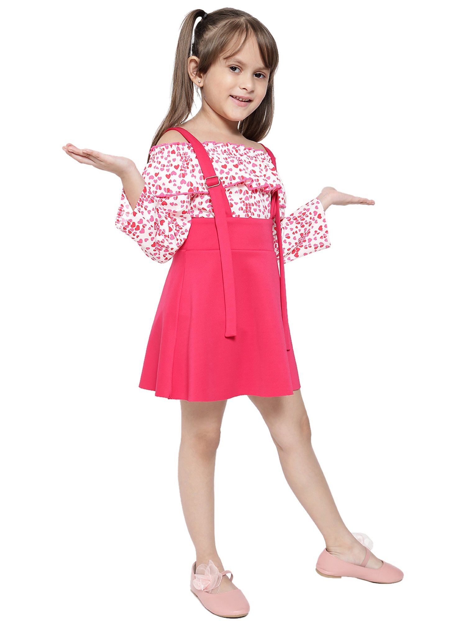 Nauti Nati Kids Pink & White Printed Top With Dungaree