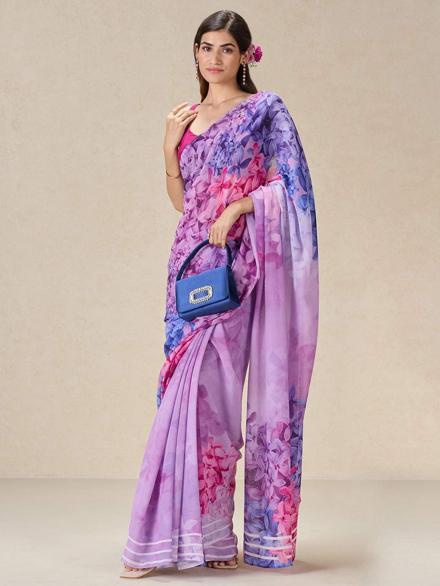 navyasa by liva Purple Printed Saree With Unstitched Blouse