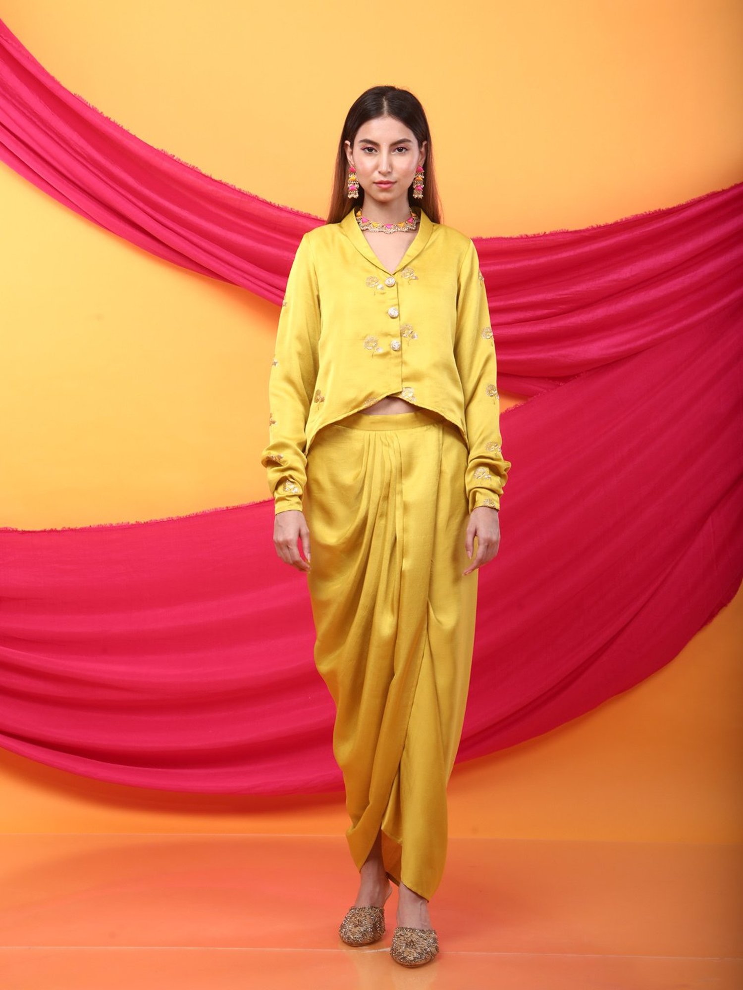 Monk & Mei Gulabo Dhoti and Jacket Co-ordSet-Canary Yellow