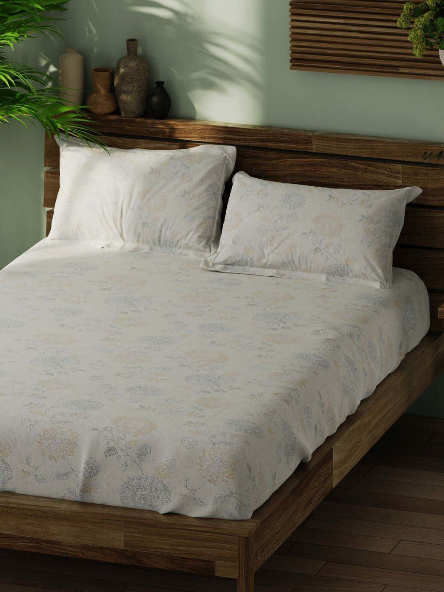 Bianca Organica White & Olive 180 TC Cotton King Bedsheet with 2 Pillow Covers
