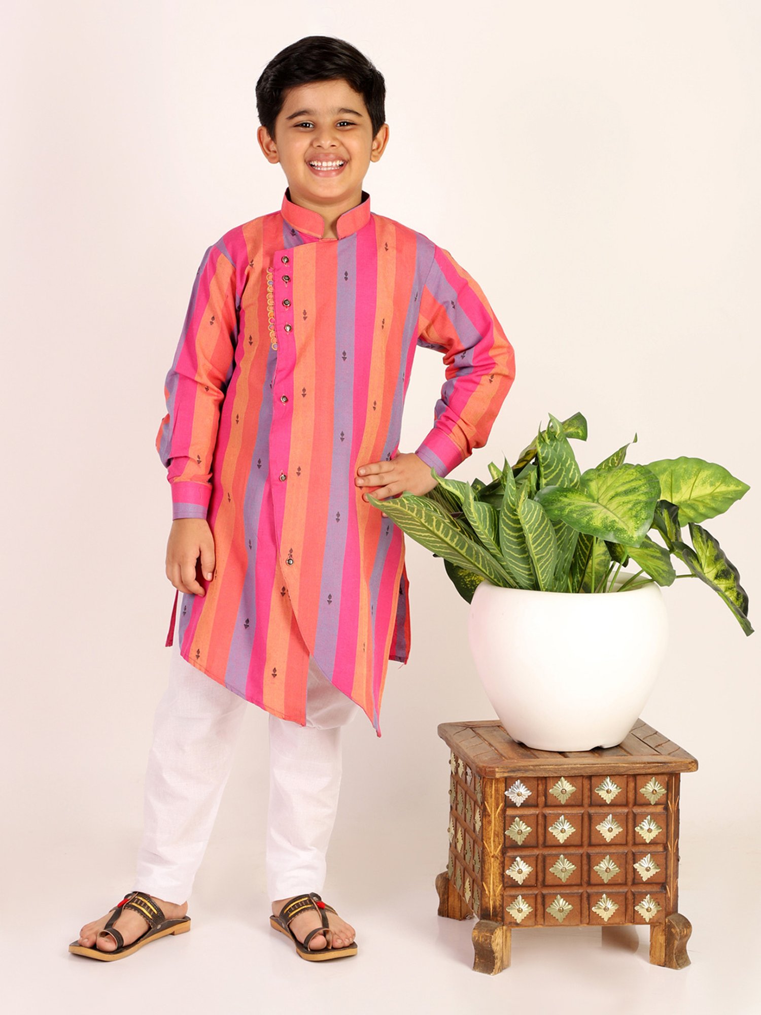 Pro-Ethic Style Developer Kids Pink & White Striped Full Sleeves Kurta with Pyjamas