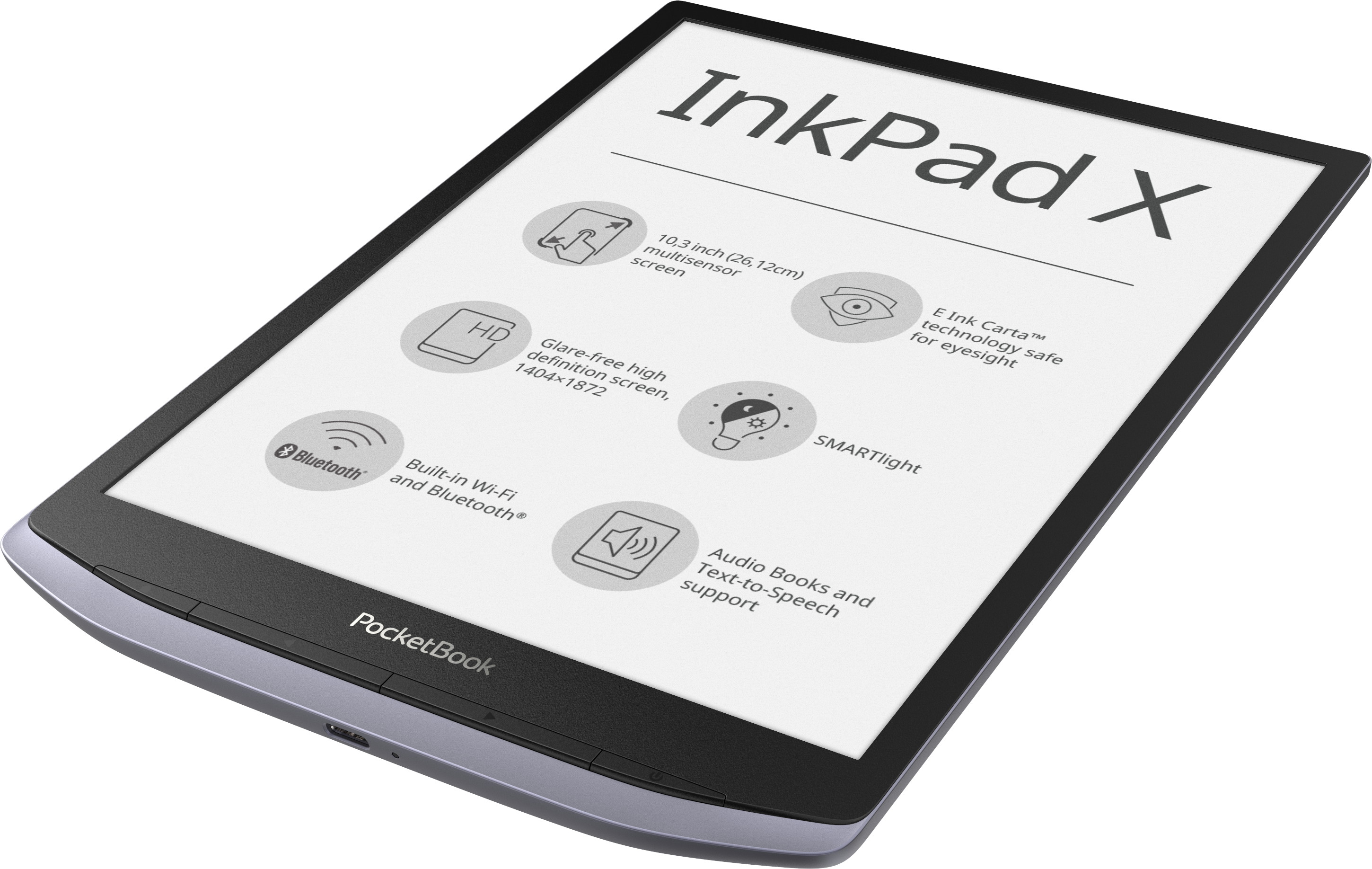 PocketBook InkPad X, 10" E Ink Carta&trade; Mobius (1404 &times; 1872), SMARTlight, Metallic Grey, Dual Core (2&times;1 GHz), Operative memory: 1 GB, Accumulator: 2000 mAh