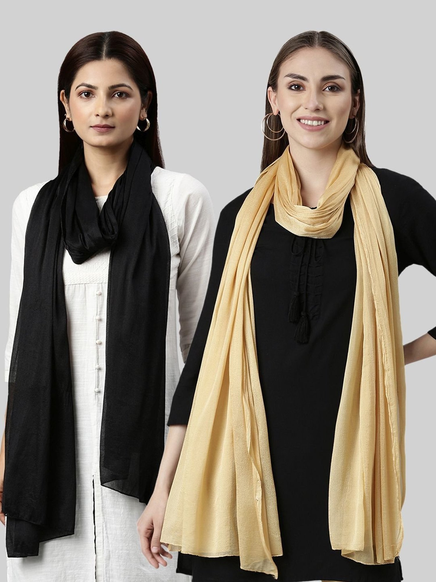 TWIN BIRDS Black & Golden Plain Dupatta - Pack Of 2