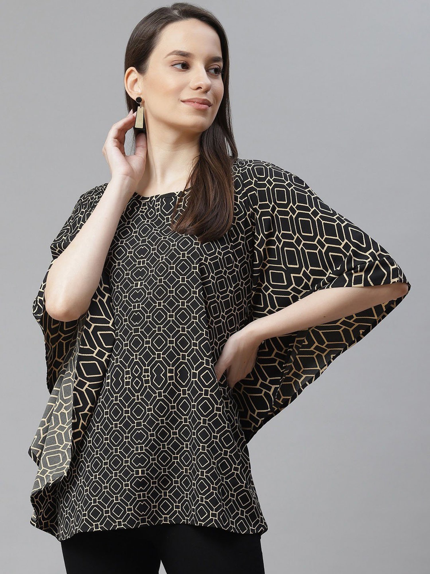 Cottinfab Black Printed Kaftan Crepe Top
