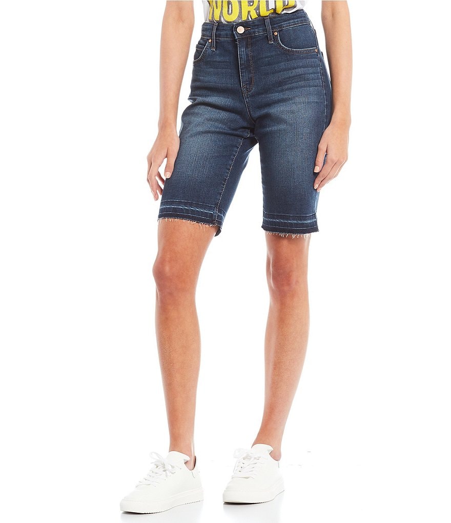 Frayed High Rise Frayed Hem Denim Bike Shorts