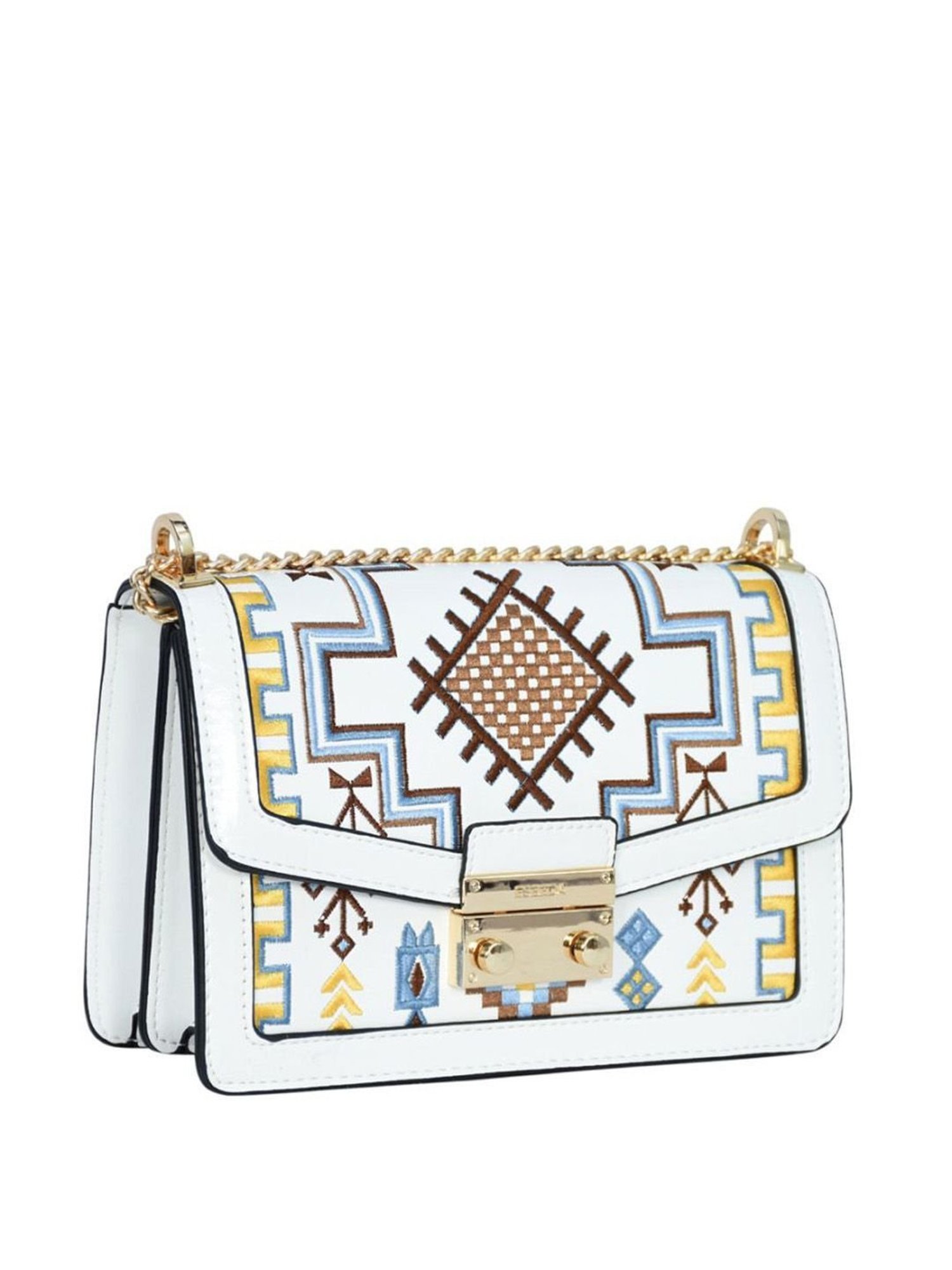 Esbeda White PU Embroidered Sling Handbag