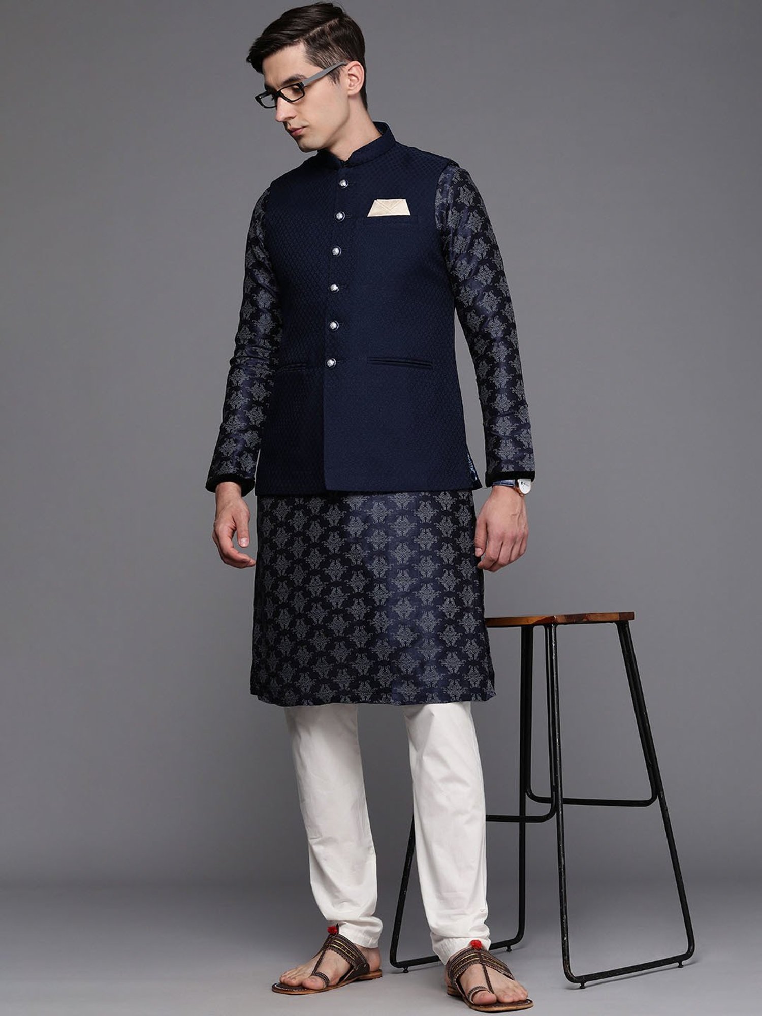 Manyavar Blue Regular Fit Self Design Nehru Jacket