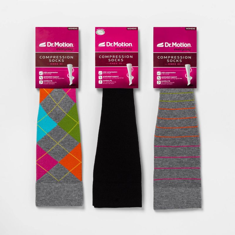 Dr. Motion Women's Mild Compression 3pk Knee High Socks - Gray Stripe/Argyle/Black