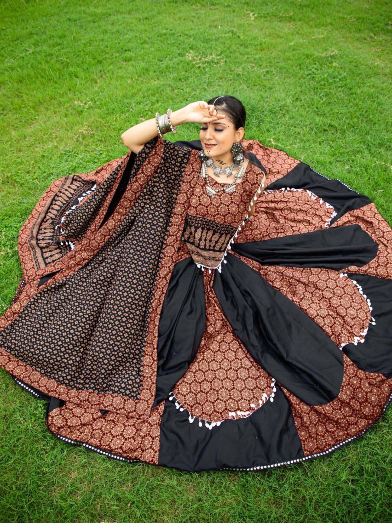 Odette Black & Rust Cotton Printed Lehenga Choli Set With Dupatta