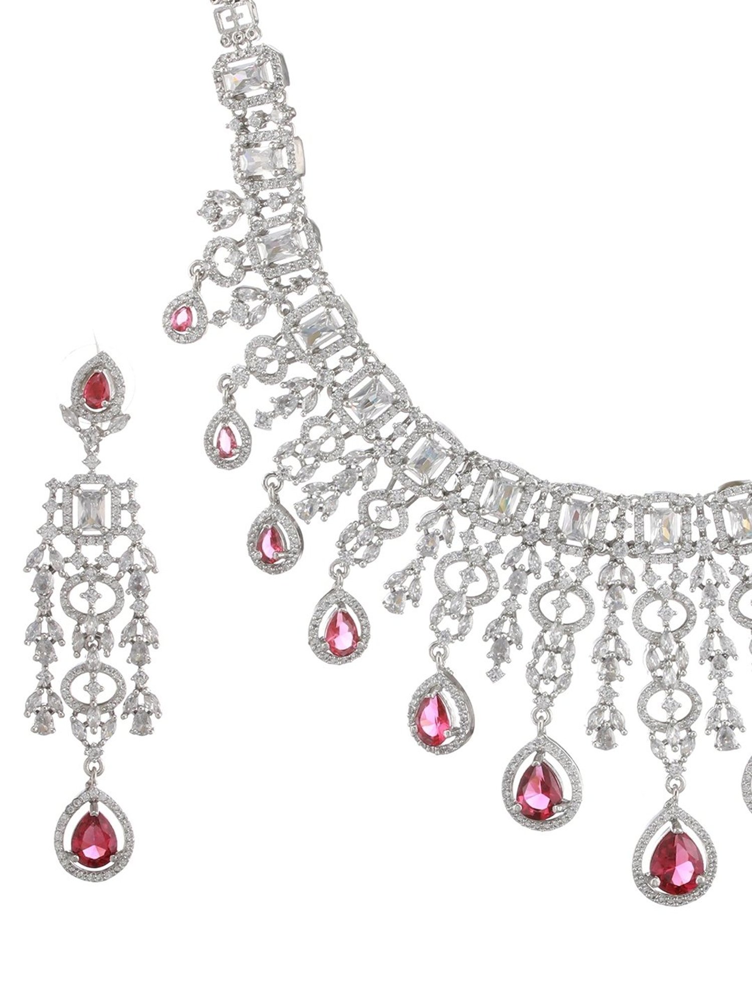 Aatmana Silver-Plated White & Red AD Stone Studded Necklace Set
