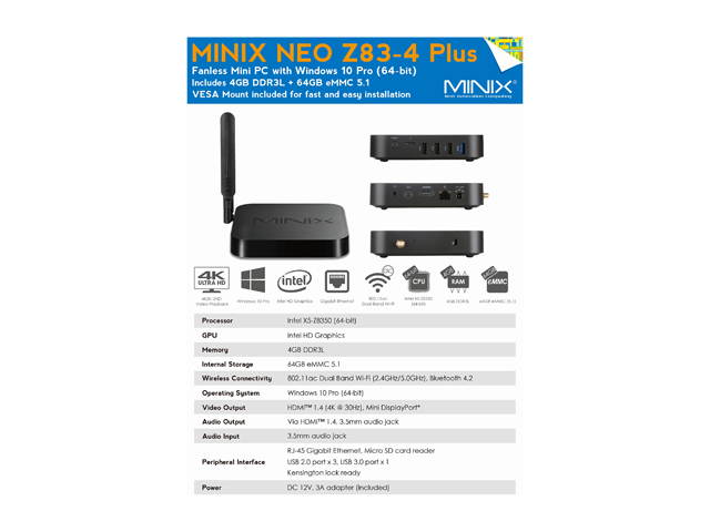 MINIX NEO Z83-4 Plus, Intel Cherry Trail Fanless Mini PC Windows 10 Pro (64-bit) [Intel X5-Z8350 / 4GB / 64GB / Dual-Band Wi-Fi / Gigabit Ethernet / Dual Output/4K]