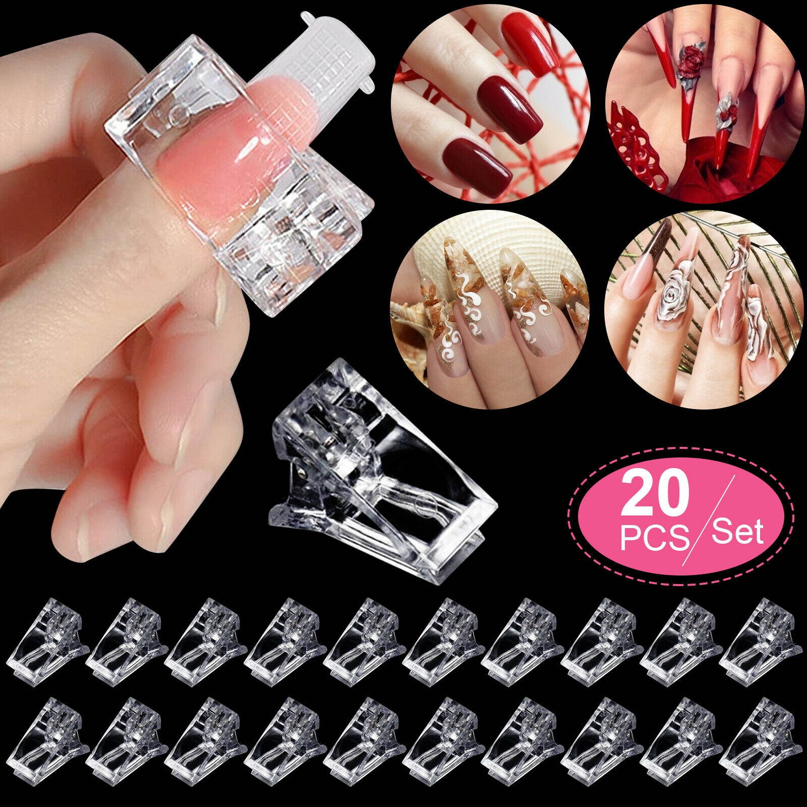 20pcs Nail Tips Clip Quick Building Poly Builder Gel DIY Extension Clamp Clips