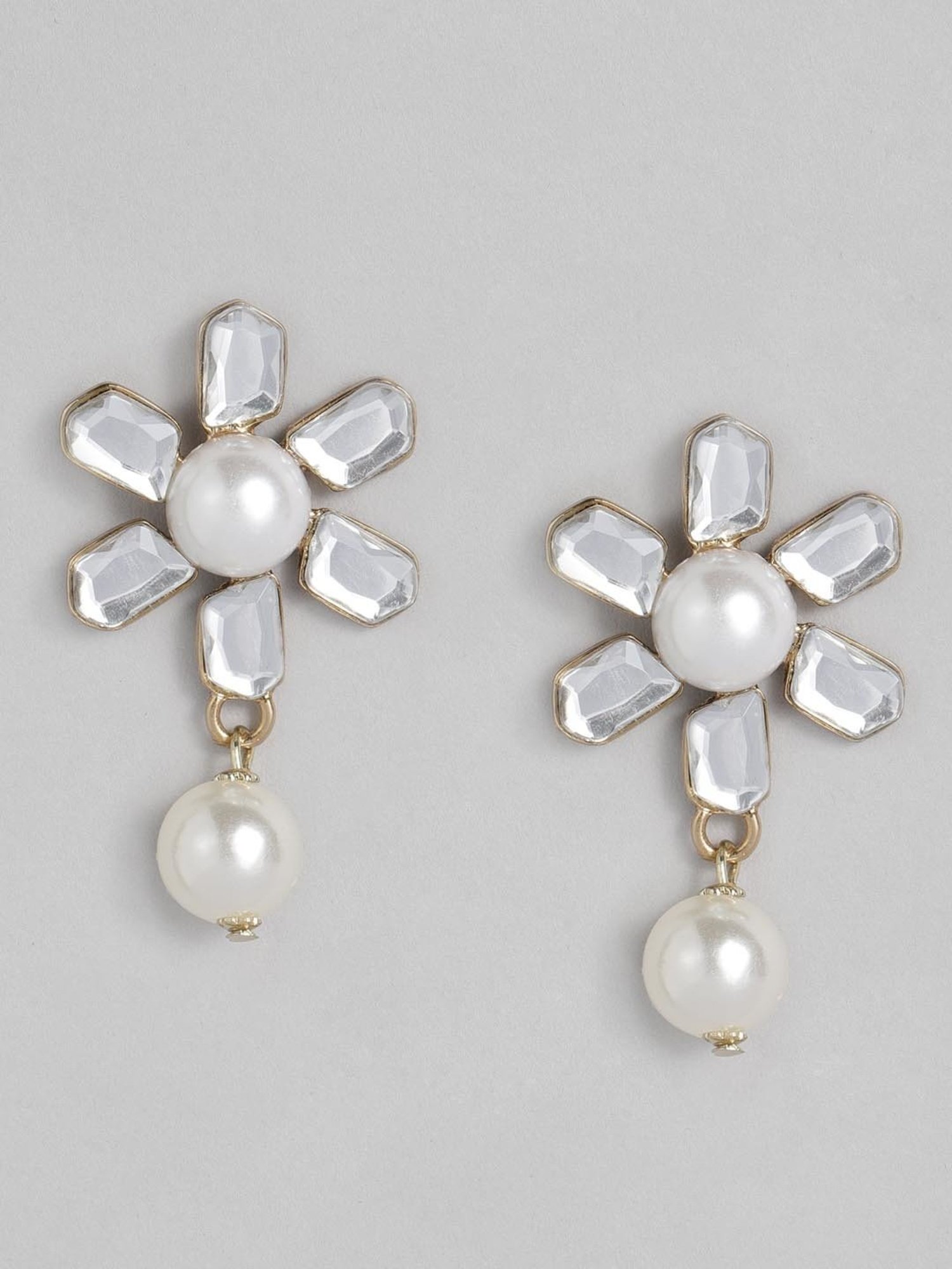 Estele Gold-Plated Floral Designer Pearl Drop Earrings with Kundan for Women